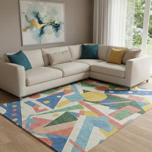 HomeRoots 8' X 10' Modern Geometric Area Rug in Blue, Yellow & Coral – Washable, Stain-Resistant & UV Protected! 697378