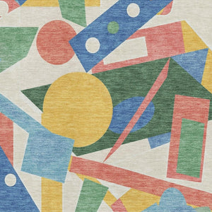 HomeRoots 8' X 10' Modern Geometric Area Rug in Blue, Yellow & Coral – Washable, Stain-Resistant & UV Protected! 697378