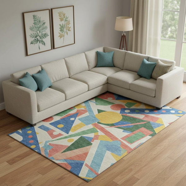 HomeRoots 9' X 12' Vibrant Blue, Yellow & Coral Geometric Washable Area Rug with UV Protection for Homes 697379