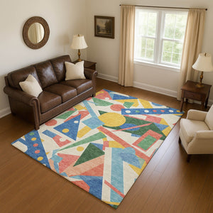 HomeRoots 9' X 12' Vibrant Blue, Yellow & Coral Geometric Washable Area Rug with UV Protection for Homes 697379