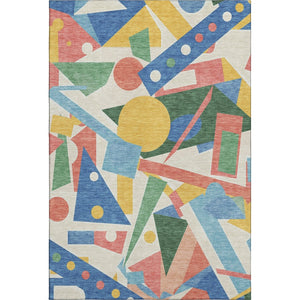 HomeRoots 9' X 12' Vibrant Blue, Yellow & Coral Geometric Washable Area Rug with UV Protection for Homes 697379