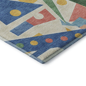 HomeRoots 9' X 12' Vibrant Blue, Yellow & Coral Geometric Washable Area Rug with UV Protection for Homes 697379