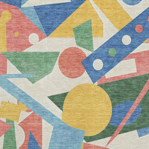 HomeRoots 9' X 12' Vibrant Blue, Yellow & Coral Geometric Washable Area Rug with UV Protection for Homes 697379