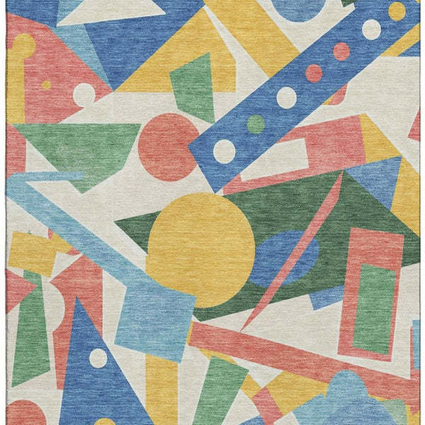 HomeRoots 9' X 12' Vibrant Blue, Yellow & Coral Geometric Washable Area Rug with UV Protection for Homes 697379