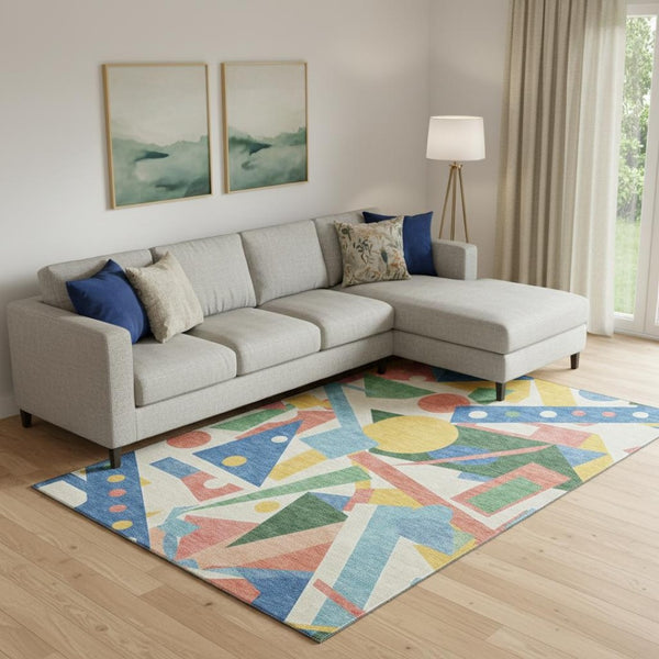 HomeRoots 10' X 14' Geometric Area Rug in Blue, Yellow & Coral - Washable, UV Protected, Stylish & Durable 697380