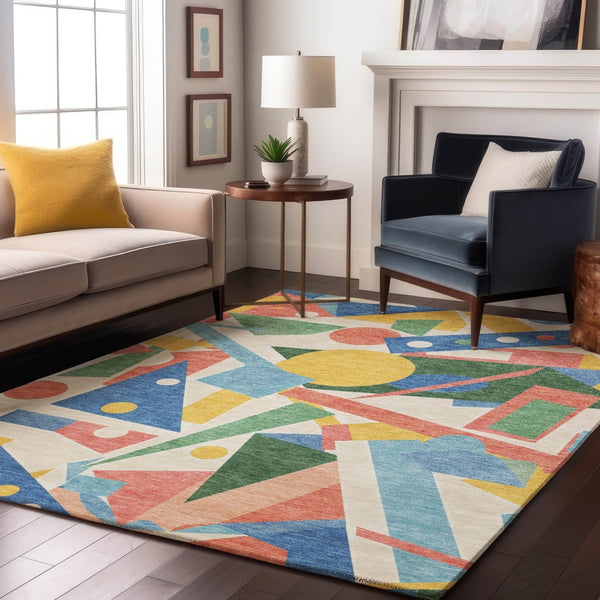 HomeRoots 10' X 14' Geometric Area Rug in Blue, Yellow & Coral - Washable, UV Protected, Stylish & Durable 697380