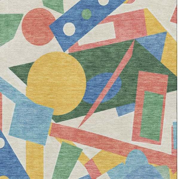 HomeRoots 10' X 14' Geometric Area Rug in Blue, Yellow & Coral - Washable, UV Protected, Stylish & Durable 697380