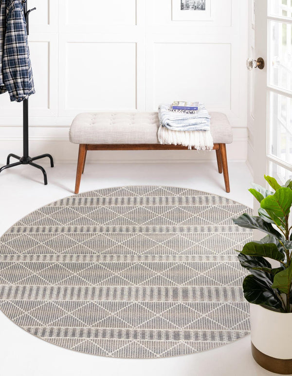 Unique Loom Outdoor Trellis Dalyan Machine Made Striped Rug Gray, Ivory/Beige 7' 10" x 7' 10"