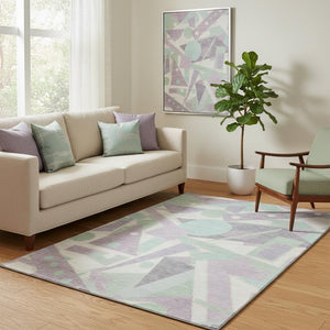HomeRoots 5' X 8' Lilac Mint Green Ivory Geometric Washable Area Rug - Durable, Stain-Resistant & UV Protected 697382