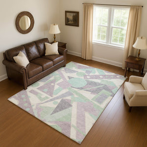 HomeRoots 5' X 8' Lilac Mint Green Ivory Geometric Washable Area Rug - Durable, Stain-Resistant & UV Protected 697382