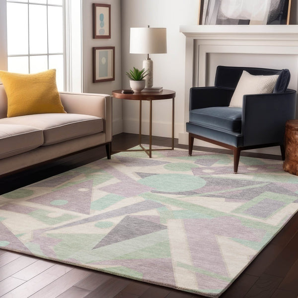 HomeRoots 5' X 8' Lilac Mint Green Ivory Geometric Washable Area Rug - Durable, Stain-Resistant & UV Protected 697382