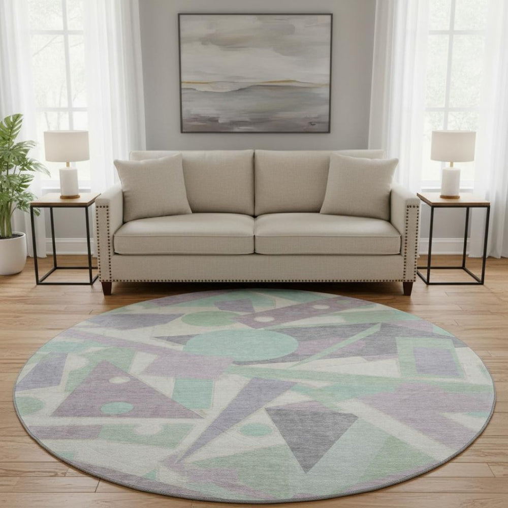 HomeRoots 8' Stylish Geometric Round Rug in Lilac, Mint Green & Ivory – Washable, UV-Protected & Non-Slip! 697383