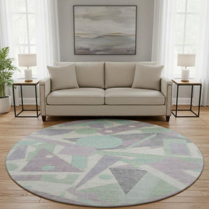 HomeRoots 8' Stylish Geometric Round Rug in Lilac, Mint Green & Ivory – Washable, UV-Protected & Non-Slip! 697383