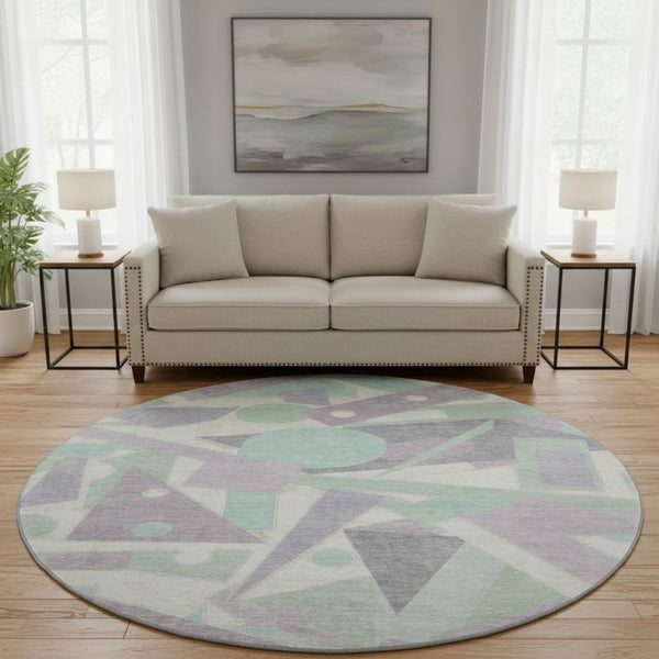 HomeRoots 8' Stylish Geometric Round Rug in Lilac, Mint Green & Ivory – Washable, UV-Protected & Non-Slip! 697383