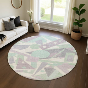 HomeRoots 8' Stylish Geometric Round Rug in Lilac, Mint Green & Ivory – Washable, UV-Protected & Non-Slip! 697383