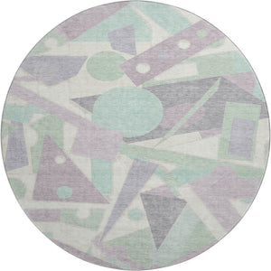 HomeRoots 8' Stylish Geometric Round Rug in Lilac, Mint Green & Ivory – Washable, UV-Protected & Non-Slip! 697383