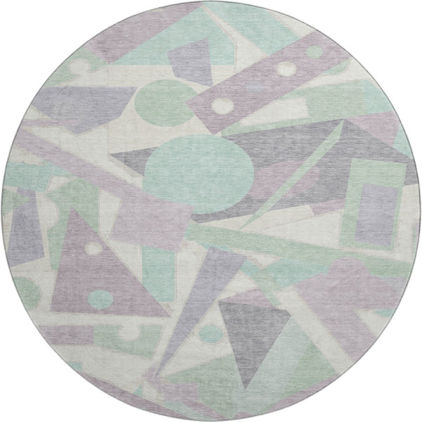 HomeRoots 8' Stylish Geometric Round Rug in Lilac, Mint Green & Ivory – Washable, UV-Protected & Non-Slip! 697383