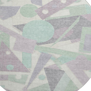 HomeRoots 8' Stylish Geometric Round Rug in Lilac, Mint Green & Ivory – Washable, UV-Protected & Non-Slip! 697383