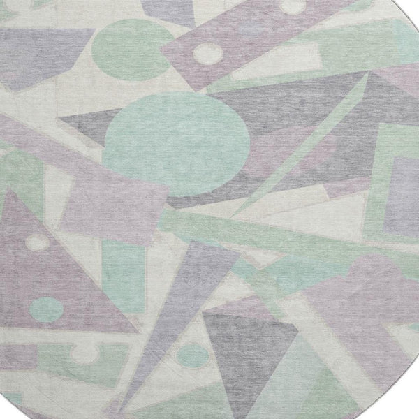 HomeRoots 8' Stylish Geometric Round Rug in Lilac, Mint Green & Ivory – Washable, UV-Protected & Non-Slip! 697383