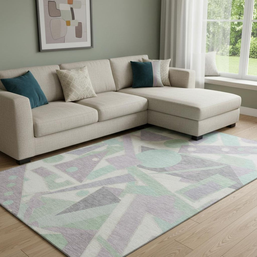 HomeRoots 8' X 10' Stylish Lilac Mint Green Ivory Geometric Area Rug - Washable, UV Protected & Non-Slip! 697384