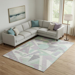 HomeRoots 9' X 12' Washable Lilac Mint Green Geometric Area Rug with UV Protection for Modern Living Spaces 697385