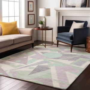 HomeRoots 9' X 12' Washable Lilac Mint Green Geometric Area Rug with UV Protection for Modern Living Spaces 697385
