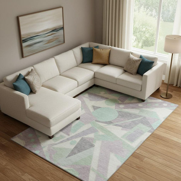 HomeRoots 10' Geometric Washable Area Rug in Lilac, Mint Green & Ivory - Durable, UV-Protected & Stylish! 697386
