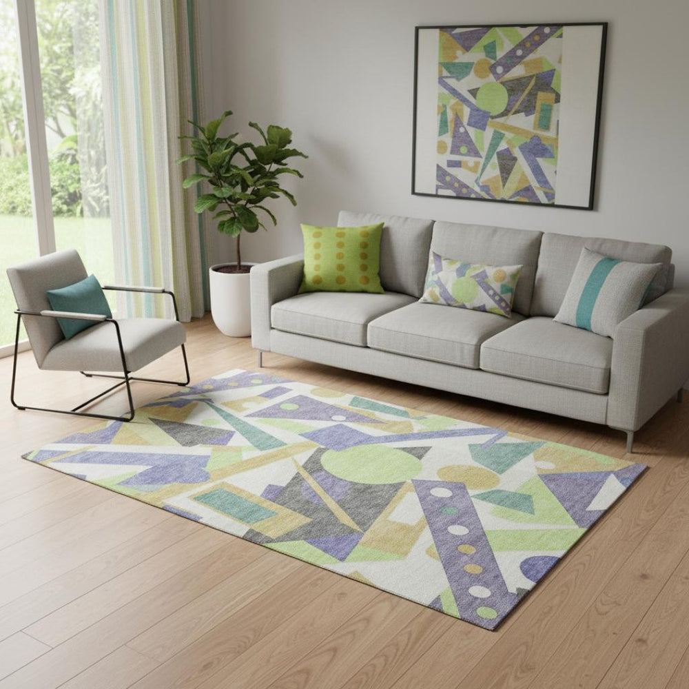 HomeRoots 5' Stylish Lavender Lime Green Gold Geometric Area Rug - Washable, Stain-Resistant, UV Protected! 697388