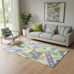 HomeRoots 5' Stylish Lavender Lime Green Gold Geometric Area Rug - Washable, Stain-Resistant, UV Protected! 697388