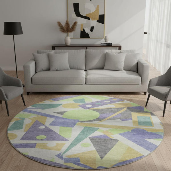 HomeRoots 8' Vibrant Lavender Lime Green Gold Geometric Round Rug – Washable, UV Protected & Stain-Resistant! 697389