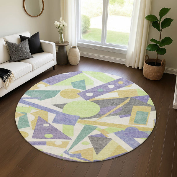 HomeRoots 8' Vibrant Lavender Lime Green Gold Geometric Round Rug – Washable, UV Protected & Stain-Resistant! 697389
