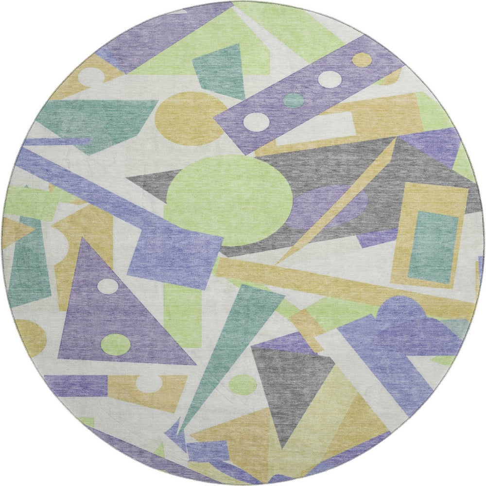 HomeRoots 8' Vibrant Lavender Lime Green Gold Geometric Round Rug – Washable, UV Protected & Stain-Resistant! 697389