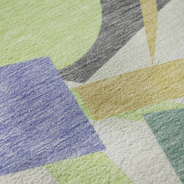 HomeRoots 8' Vibrant Lavender Lime Green Gold Geometric Round Rug – Washable, UV Protected & Stain-Resistant! 697389