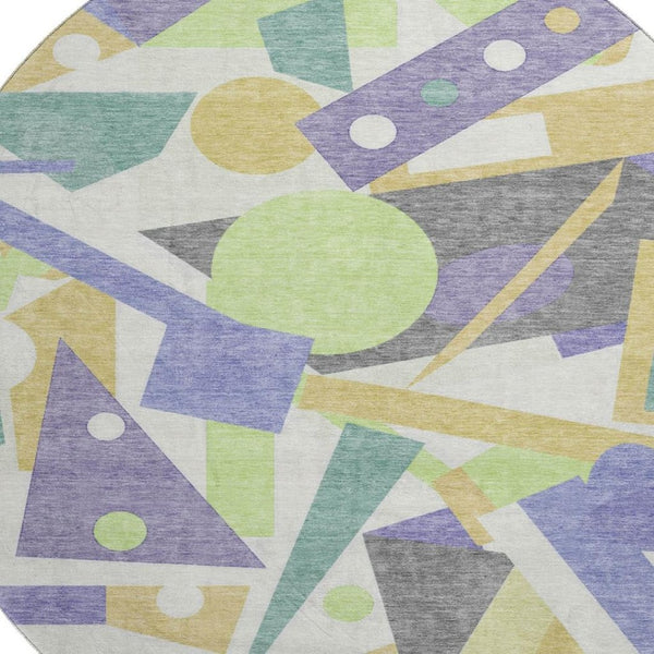 HomeRoots 8' Vibrant Lavender Lime Green Gold Geometric Round Rug – Washable, UV Protected & Stain-Resistant! 697389