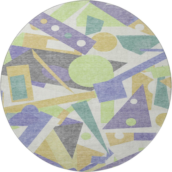 HomeRoots 8' Vibrant Lavender Lime Green Gold Geometric Round Rug – Washable, UV Protected & Stain-Resistant! 697389