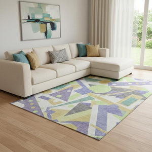 HomeRoots 8' X 10' Geometric Washable Area Rug in Lavender, Lime Green & Gold - UV Protected, Stain Resistant! 697390
