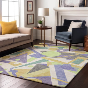 HomeRoots 8' X 10' Geometric Washable Area Rug in Lavender, Lime Green & Gold - UV Protected, Stain Resistant! 697390