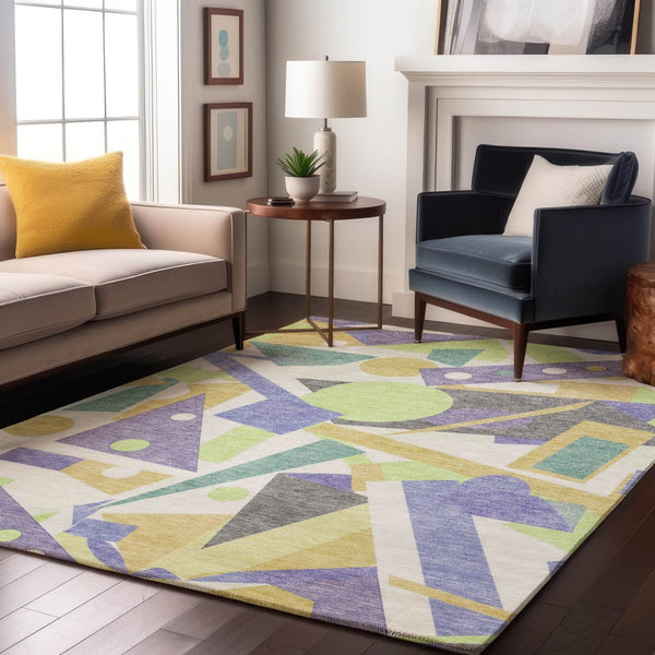 HomeRoots 8' X 10' Geometric Washable Area Rug in Lavender, Lime Green & Gold - UV Protected, Stain Resistant! 697390