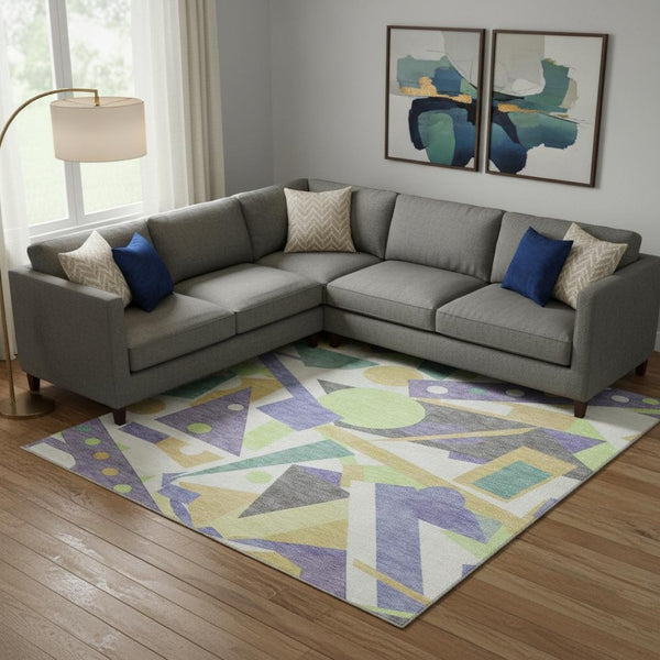 HomeRoots 9' X 12' Vibrant Lavender, Lime Green & Gold Geometric Area Rug - Washable, UV Protected & Durable 697391
