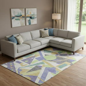 HomeRoots 10' Modern Geometric Washable Area Rug in Lavender, Lime Green & Gold with UV Protection & Non-Slip Backing 697392