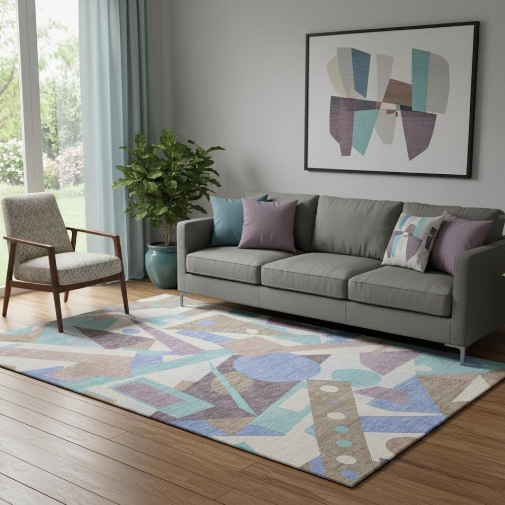 HomeRoots 5' Geometric Coffee, Purple & Teal Washable Area Rug with UV Protection – Durable, Stylish & Kid-Friendly! 697394