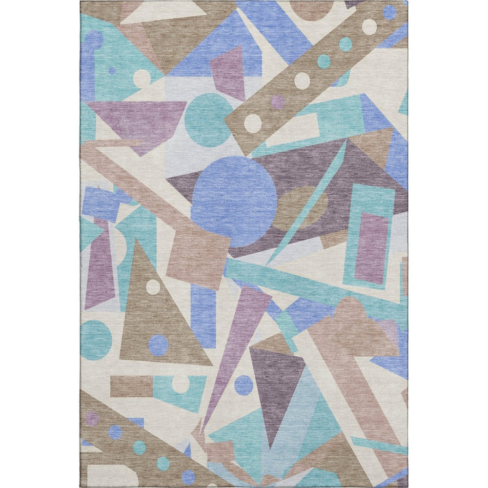 HomeRoots 5' Geometric Coffee, Purple & Teal Washable Area Rug with UV Protection – Durable, Stylish & Kid-Friendly! 697394