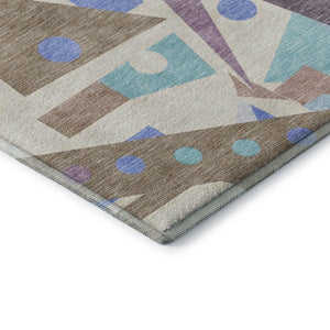 HomeRoots 5' Geometric Coffee, Purple & Teal Washable Area Rug with UV Protection – Durable, Stylish & Kid-Friendly! 697394