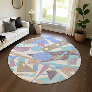 HomeRoots 8' Coffee Purple Teal Geometric Washable Round Rug – Stylish, Durable, UV-Resistant for Active Homes 697395