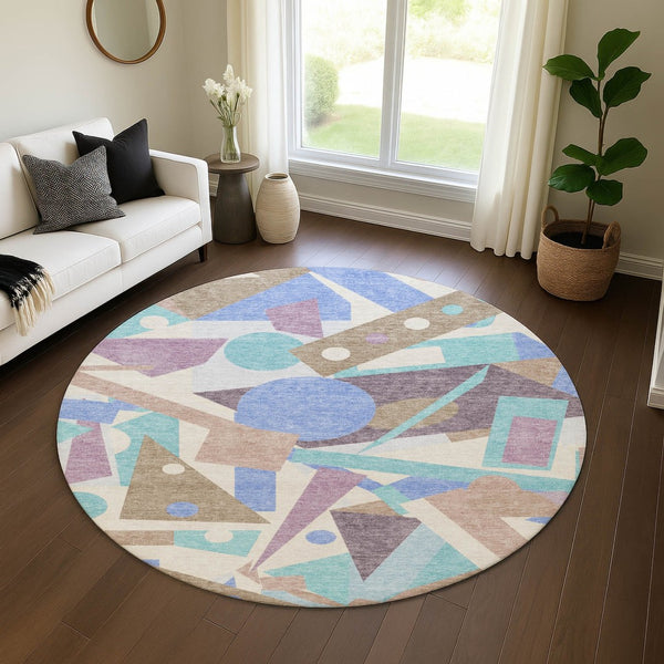 HomeRoots 8' Coffee Purple Teal Geometric Washable Round Rug – Stylish, Durable, UV-Resistant for Active Homes 697395