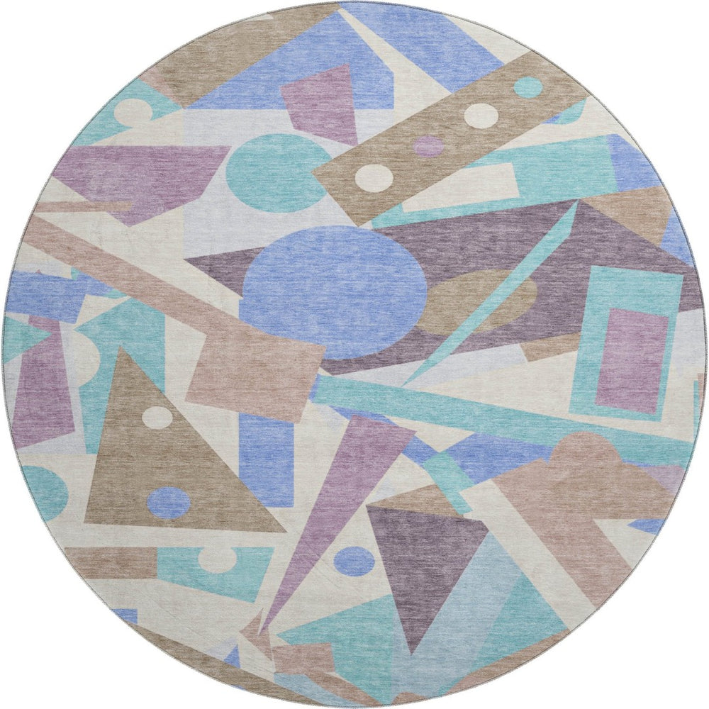 HomeRoots 8' Coffee Purple Teal Geometric Washable Round Rug – Stylish, Durable, UV-Resistant for Active Homes 697395