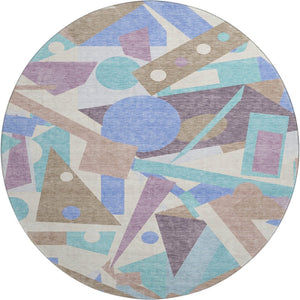 HomeRoots 8' Coffee Purple Teal Geometric Washable Round Rug – Stylish, Durable, UV-Resistant for Active Homes 697395