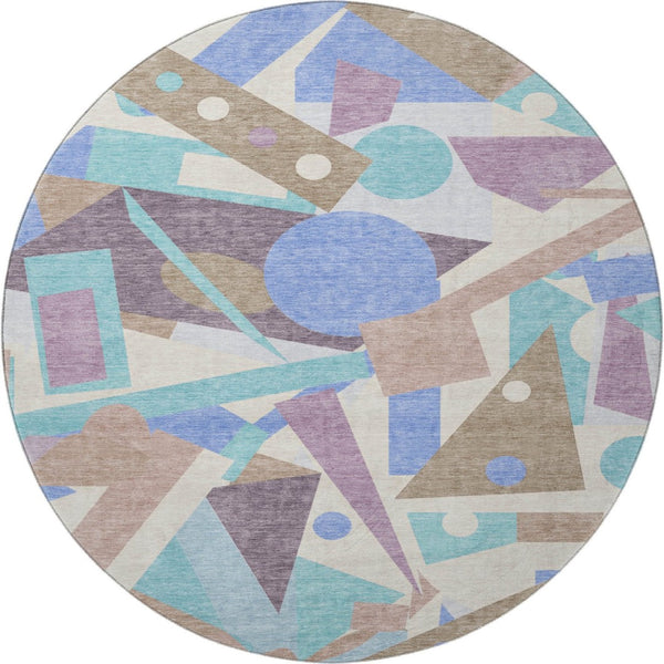 HomeRoots 8' Coffee Purple Teal Geometric Washable Round Rug – Stylish, Durable, UV-Resistant for Active Homes 697395