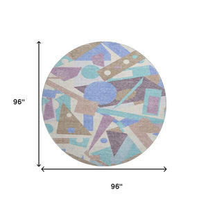 HomeRoots 8' Coffee Purple Teal Geometric Washable Round Rug – Stylish, Durable, UV-Resistant for Active Homes 697395