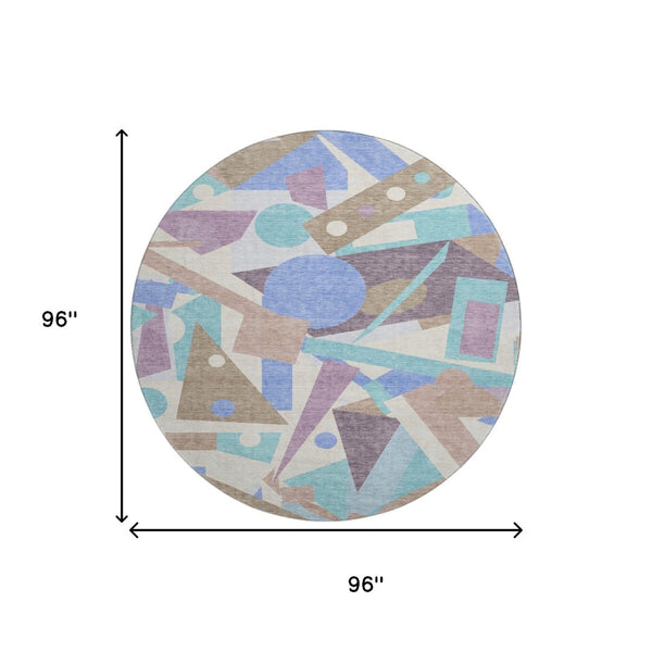 HomeRoots 8' Coffee Purple Teal Geometric Washable Round Rug – Stylish, Durable, UV-Resistant for Active Homes 697395